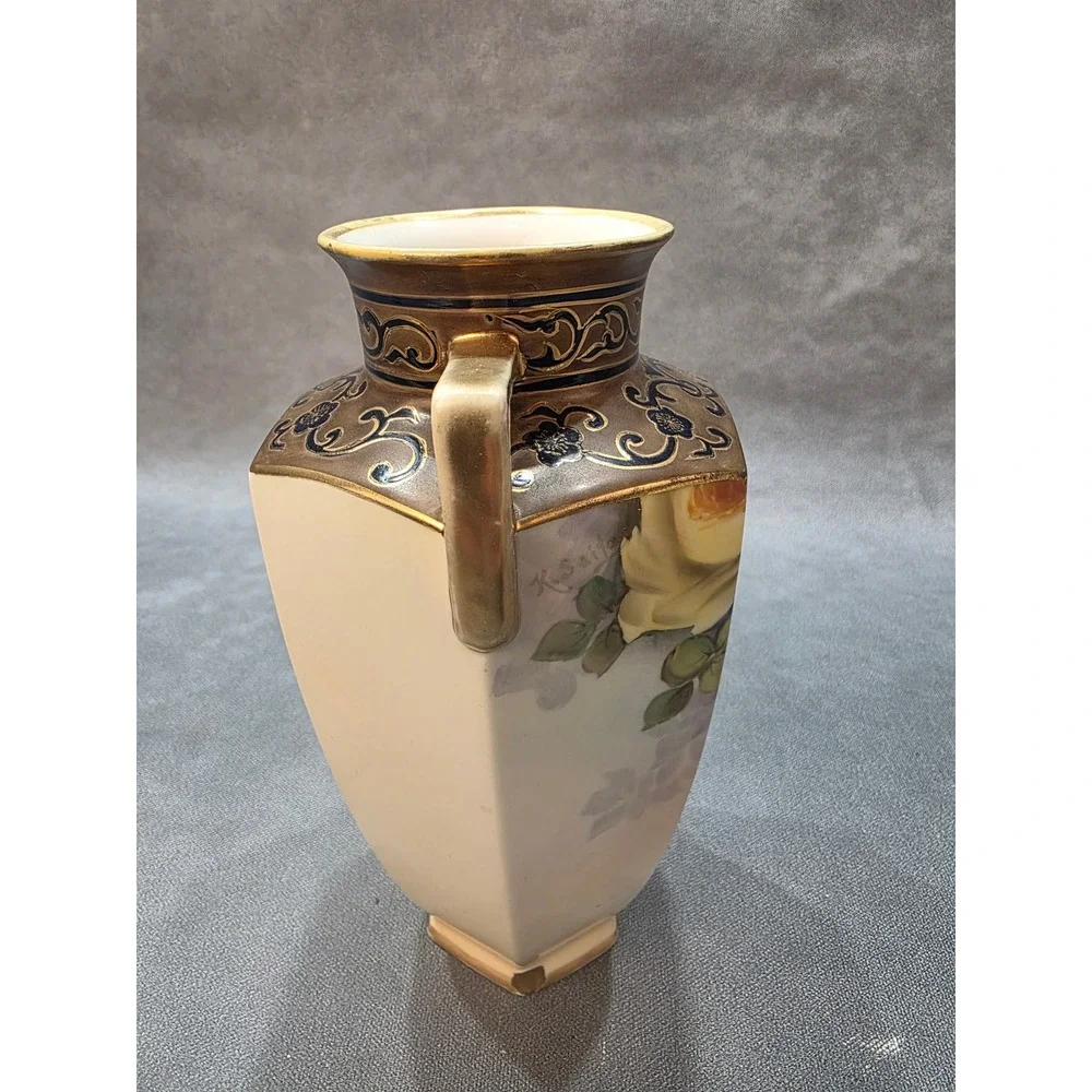Vintage Noritake‎ Hand Painted Porcelain Vase Hexagon Moriage Gold Rose K Saito